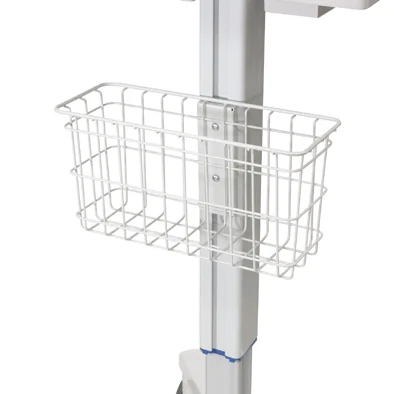 Wire basket mounted on the column of a Capsa Kidney Cart