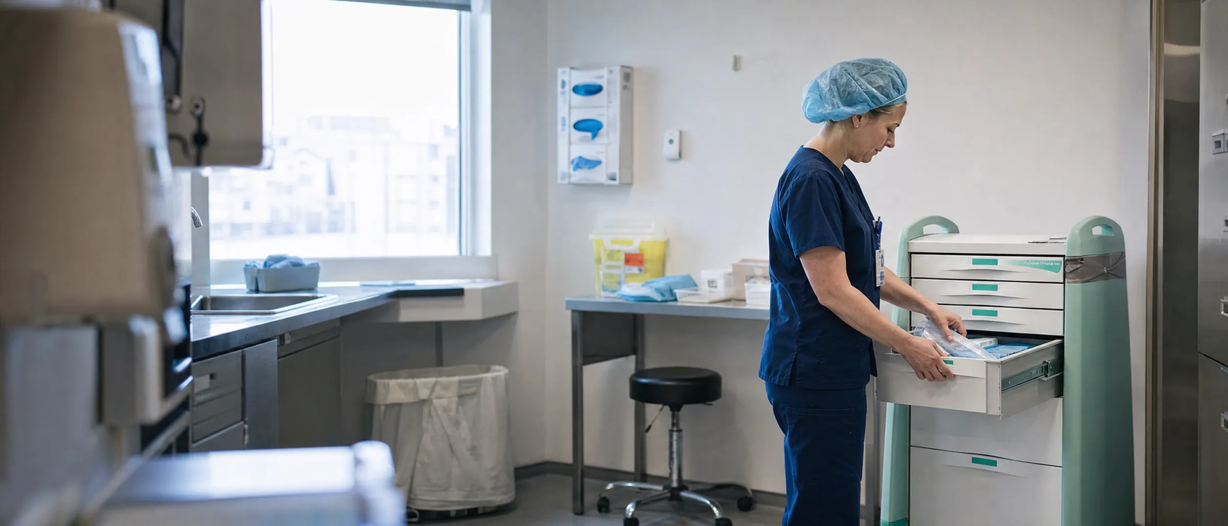 An anesthesia nurse lays out supplies from an anesthesia cart drawer