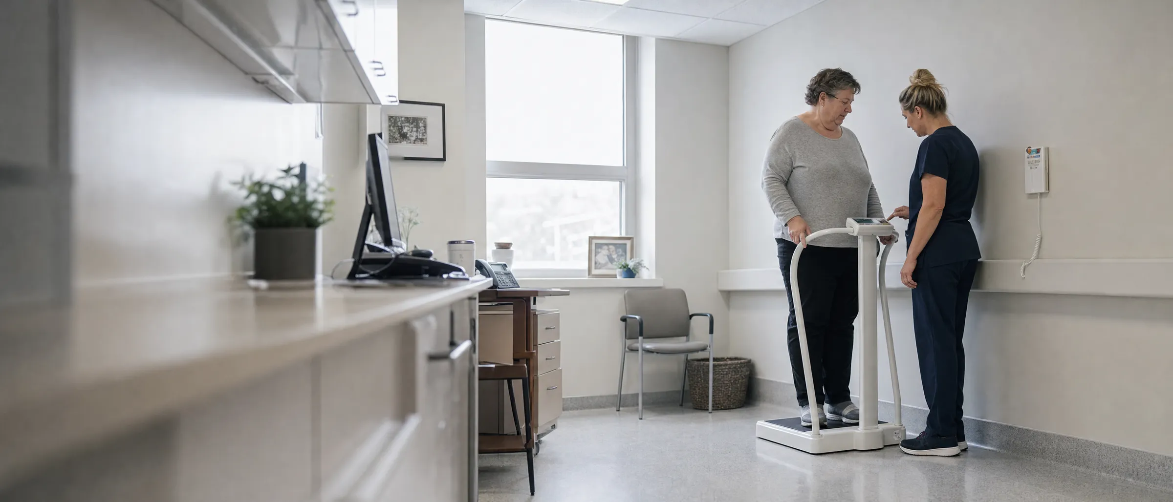 A patient holds the handrail of a bariatric scale while a nurse reads the console