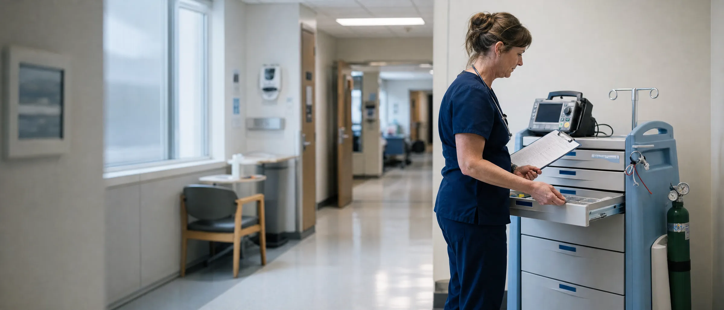 A nurse checks the drawers of an emergency cart with a checklist in a hospital corridor