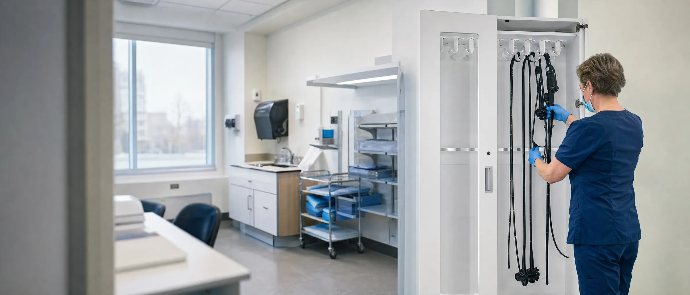 A technician hangs a flexible endoscope in a storage cabinet