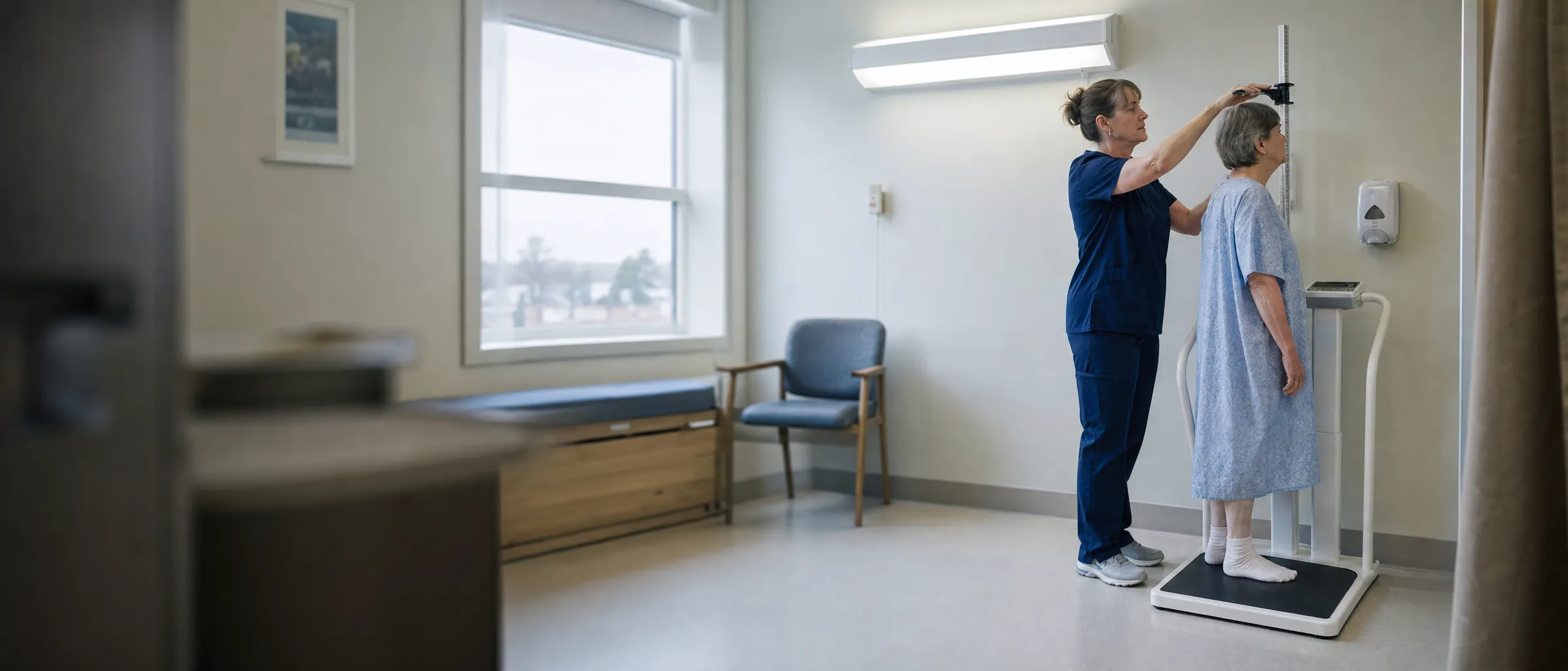 A nurse lowers the height rod onto a patient standing on a measuring station