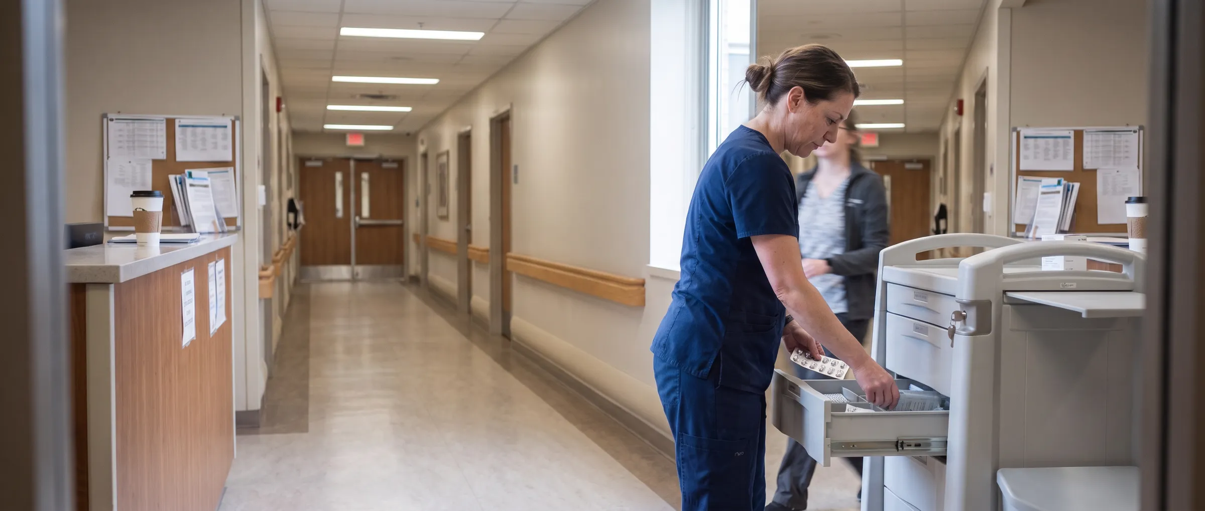 A nurse takes medication from a cart drawer in a long-term care corridor