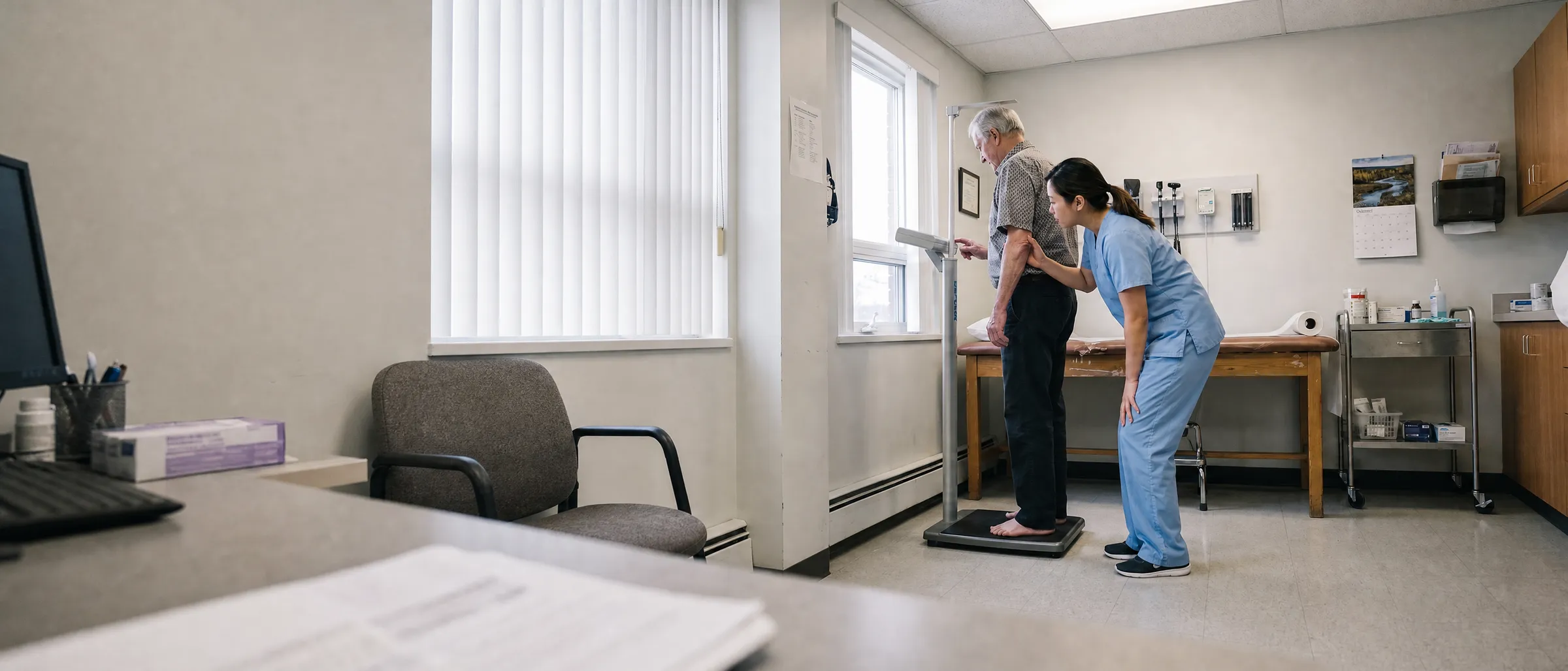 A nurse steadies an older man on a column scale while he reads the console