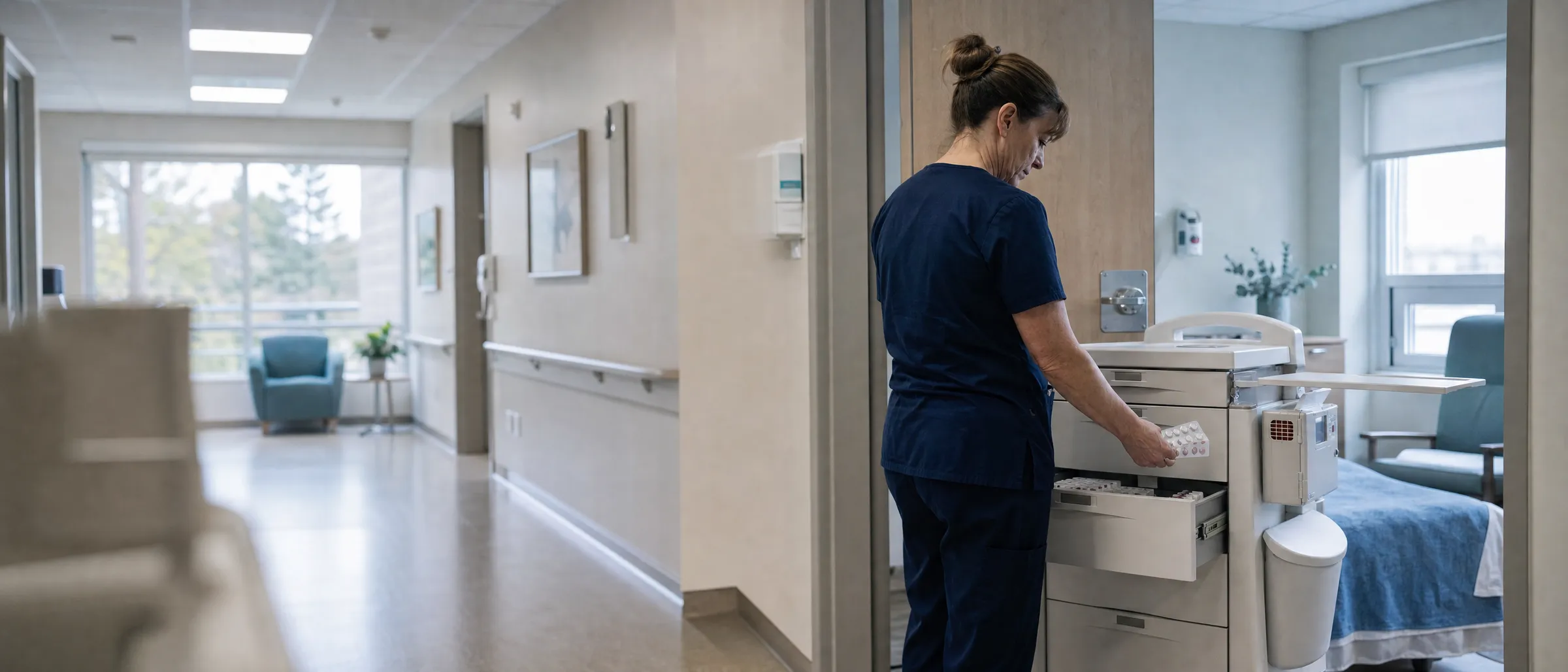 A nurse takes a blister card from a medication cart drawer at a resident’s door