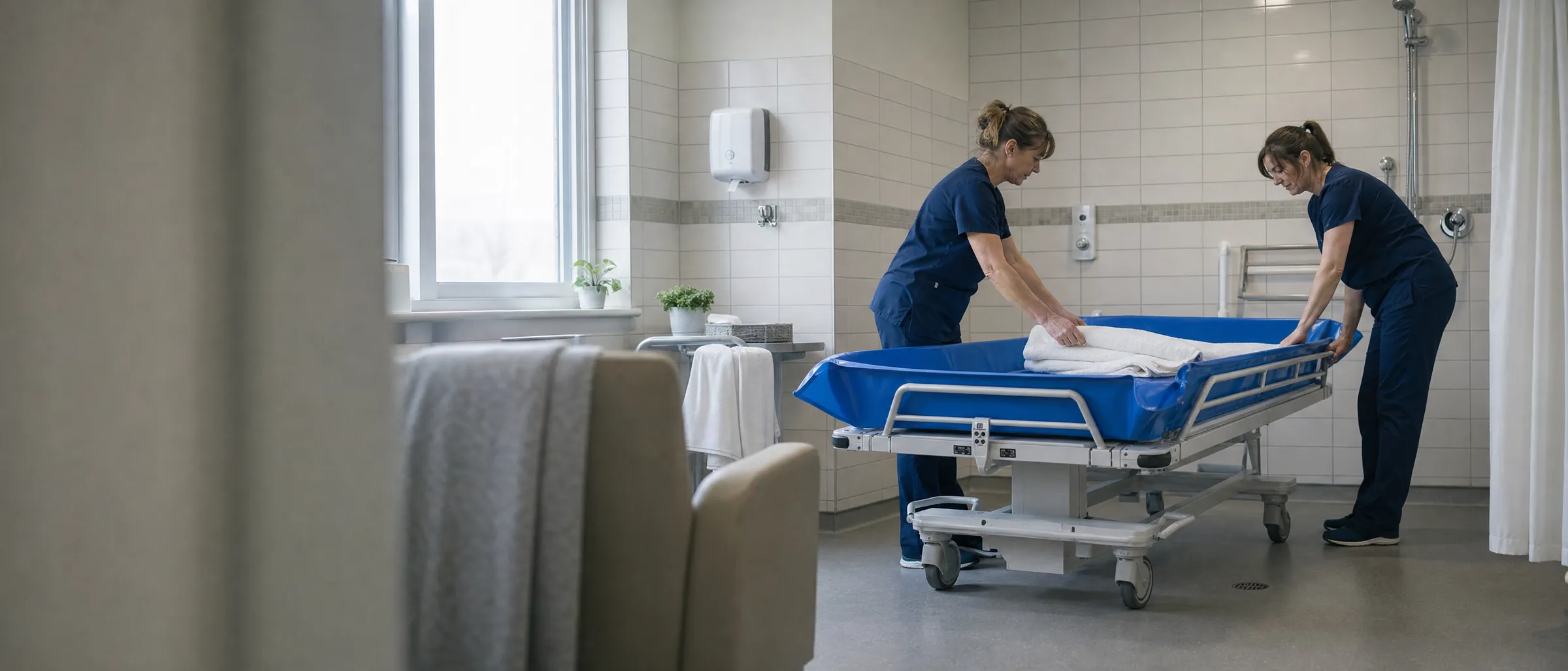 Two care aides prepare a shower trolley in a care home bathing room
