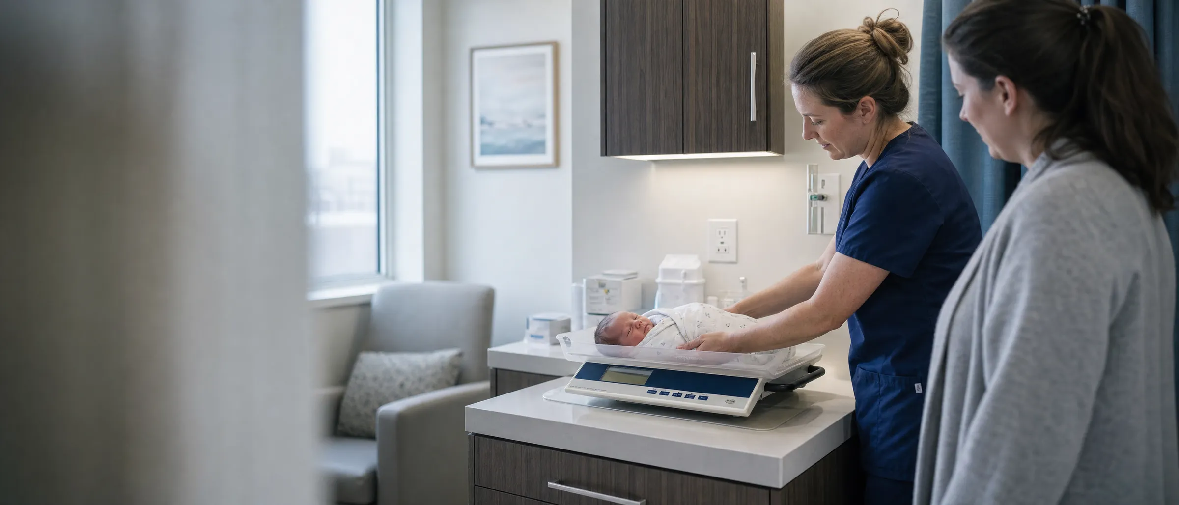 A nurse places a newborn on a neonatal scale as a parent looks on