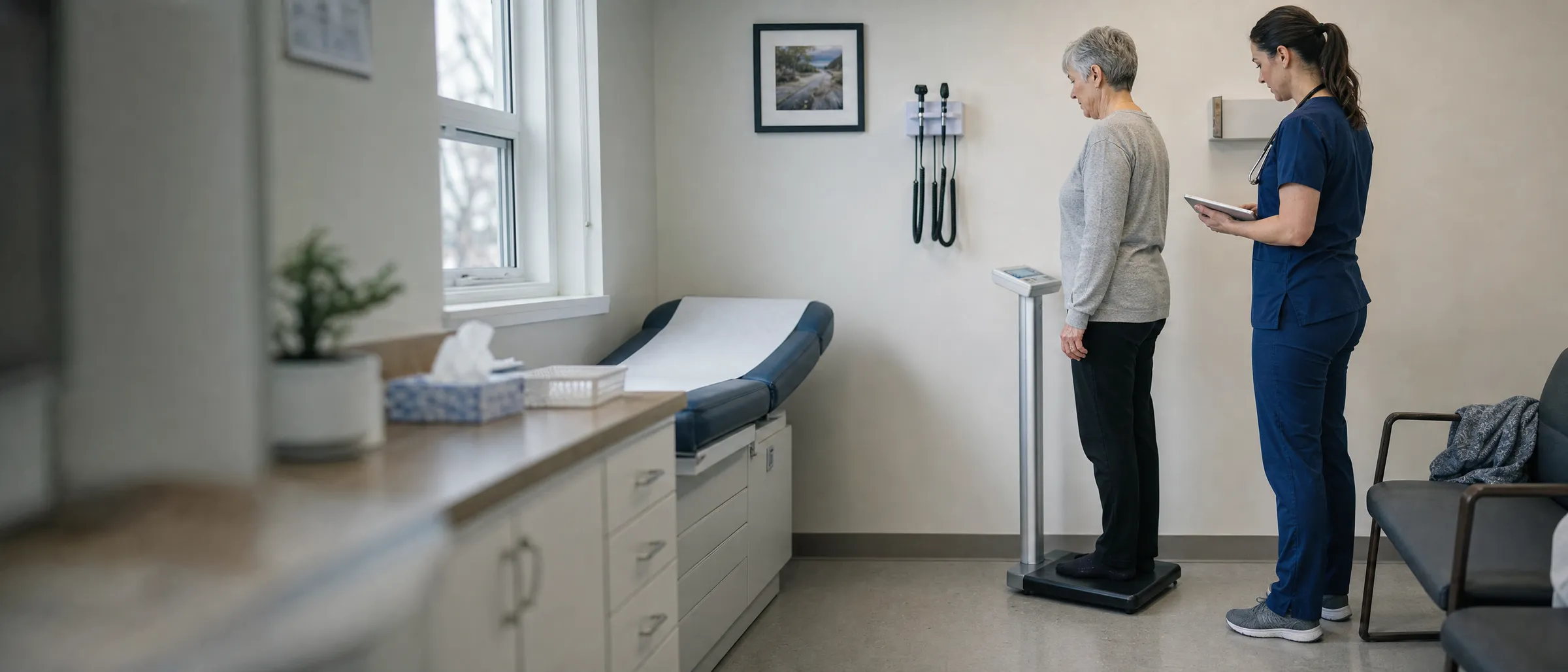 A patient stands on a column scale while a nurse with a tablet reads the console
