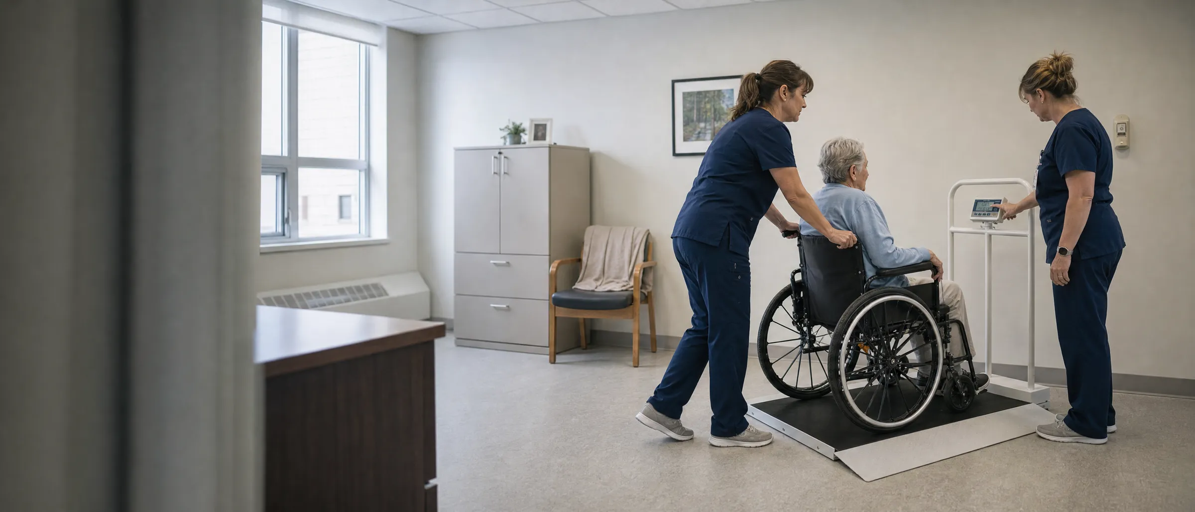 A care aide rolls a resident in a wheelchair onto a wheelchair scale while a nurse reads the console