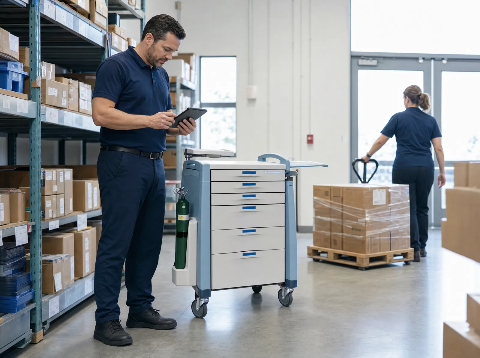 A LIOMAR team member checking a newly received emergency cart in the Montréal warehouse while a colleague moves a pallet of boxes