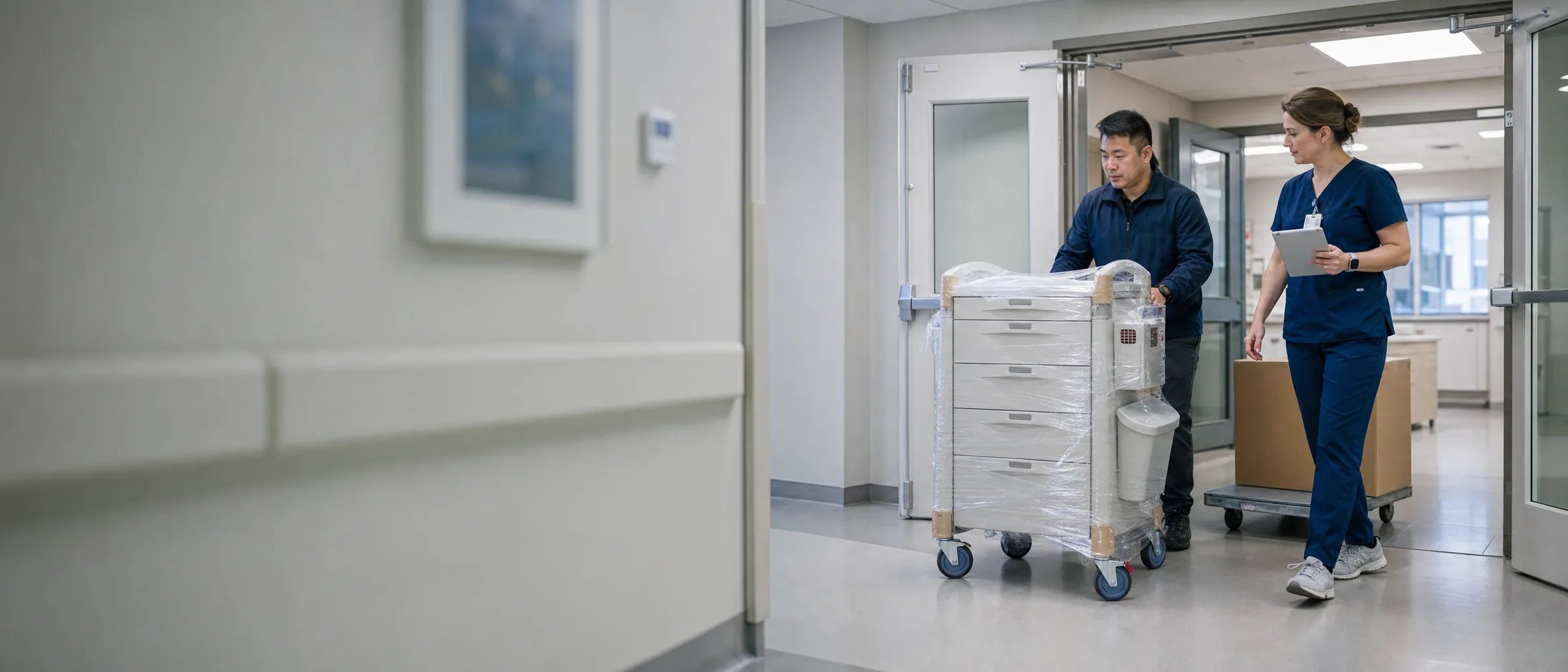 A delivery person rolls a new medication cart, still in its protective film, into a hospital beside a nurse