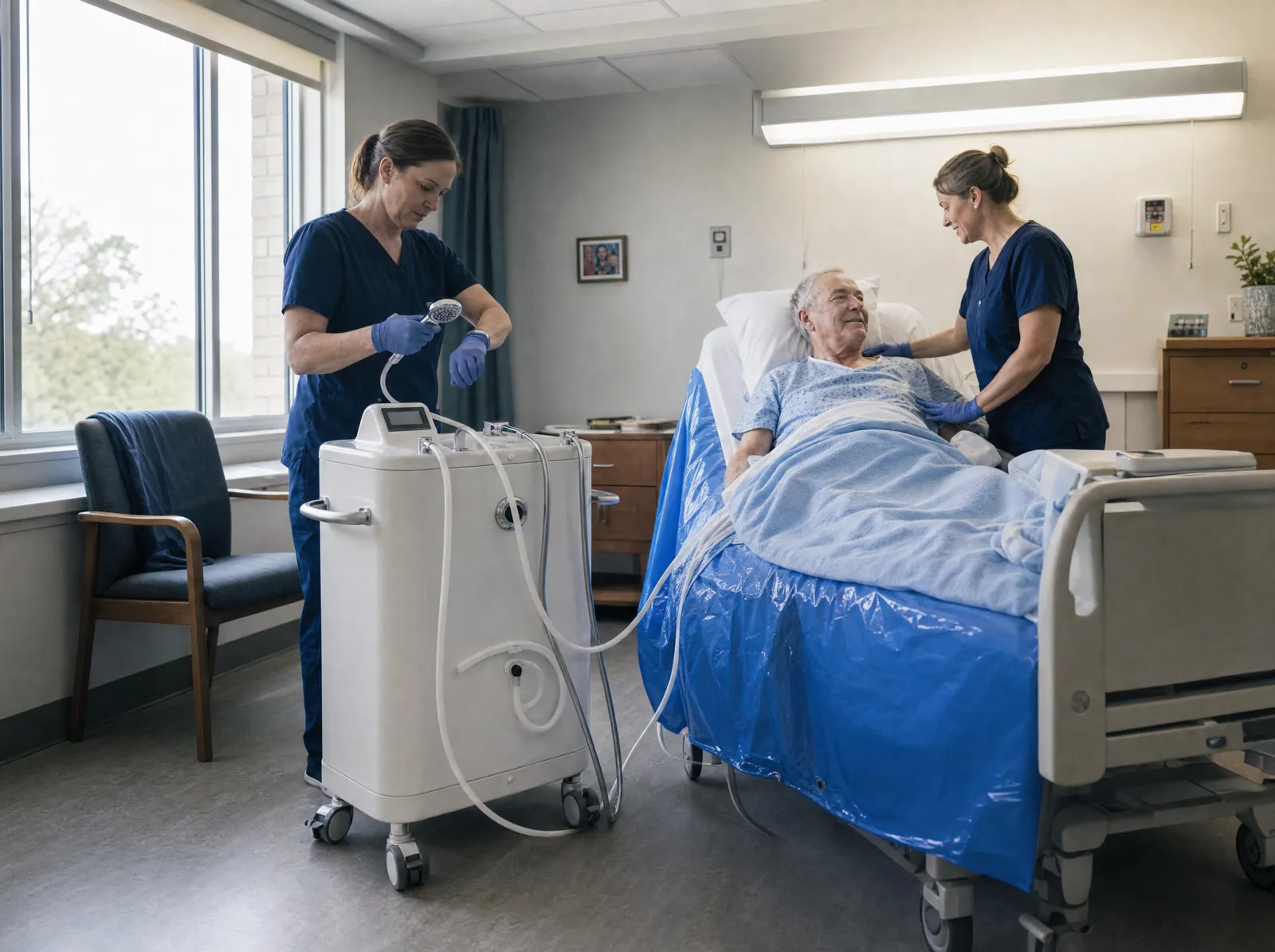 Two caregivers giving a bedridden patient a shower in bed with the Wishower