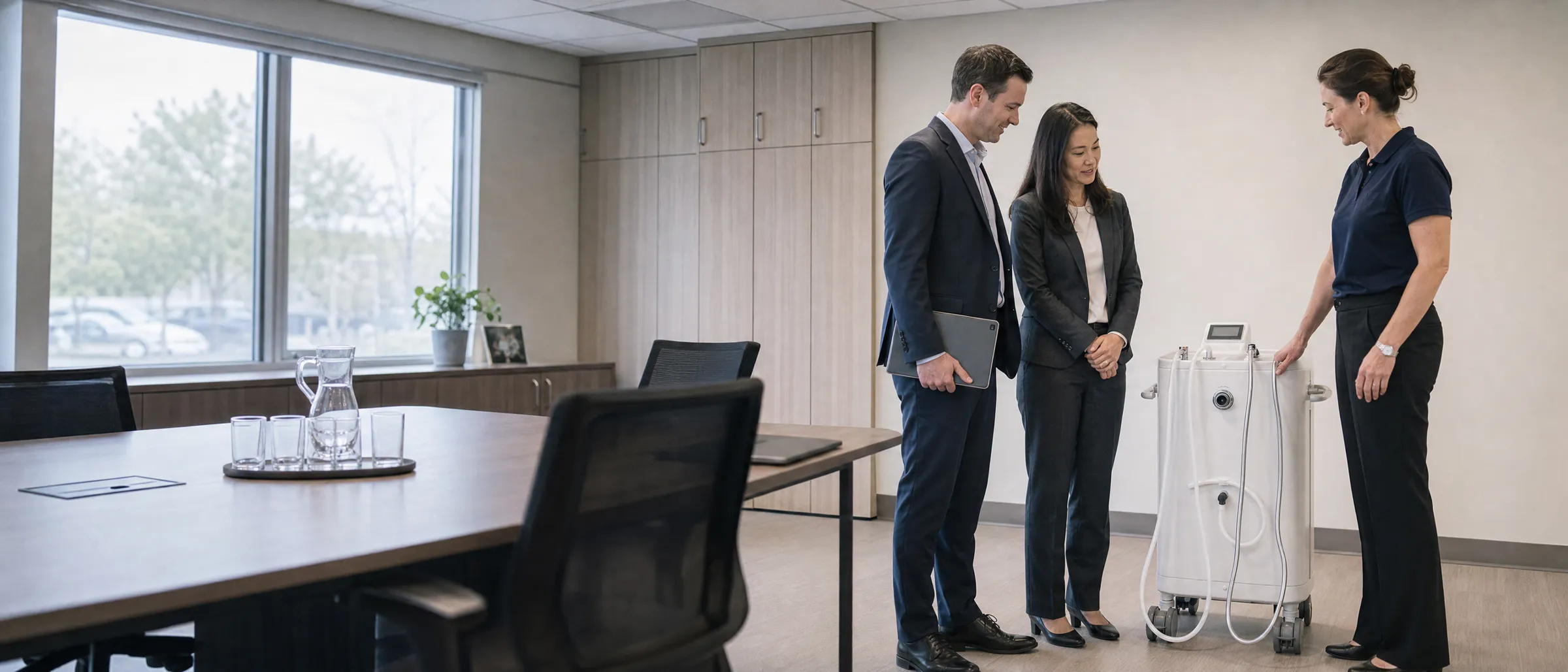 A product specialist showing the Wishower to two business partners in a meeting room