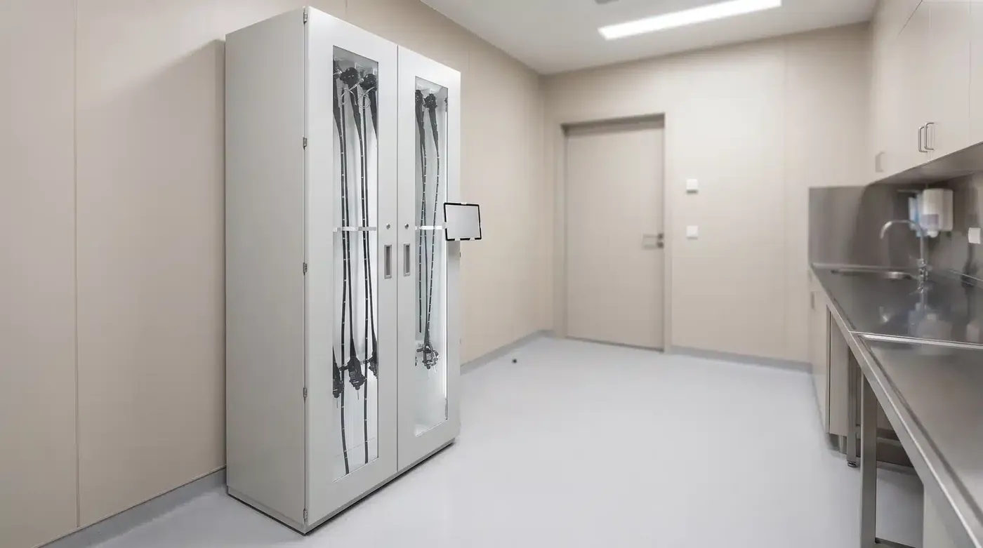 Endoscope drying cabinet in a reprocessing room