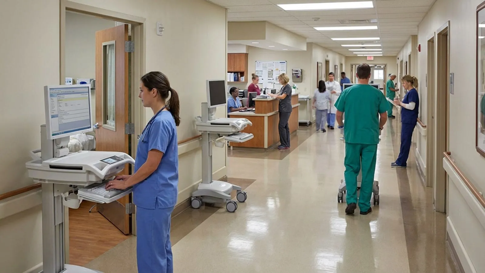 Nurses using mobile workstations in a hospital corridor