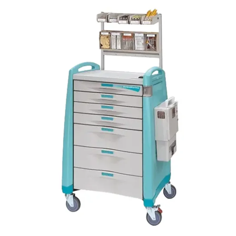 Avalo Series anesthesia cart by Capsa Healthcare, with bins and a sharps holder