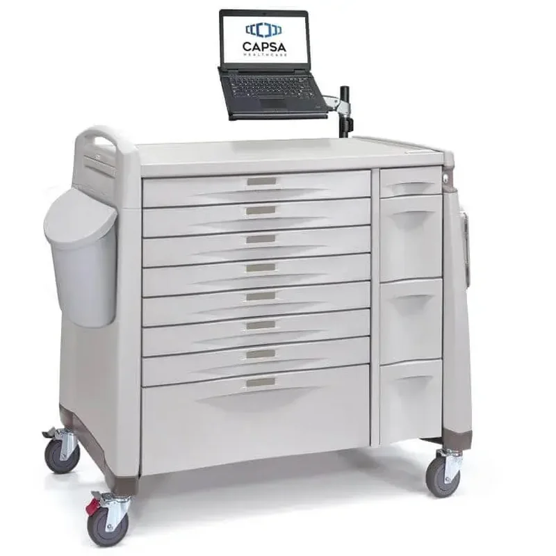 Avalo auto-packaging medication cart by Capsa Healthcare, with a laptop arm