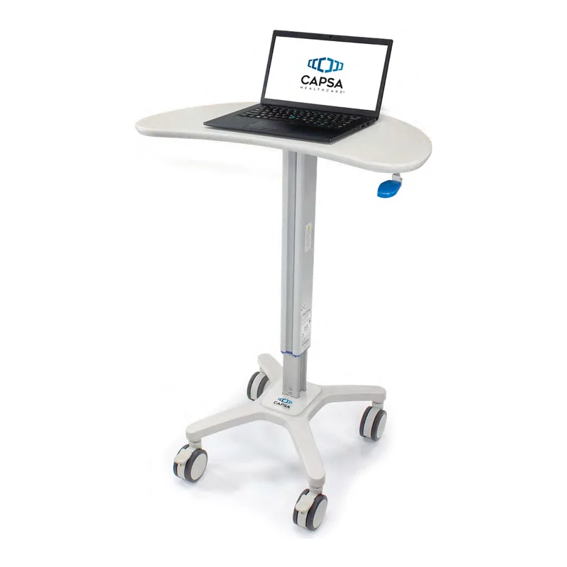 Capsa Kidney Cart with a laptop on its kidney-shaped work surface
