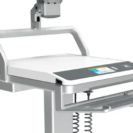 Work surface of a Capsa T7 cart, with its handle and keyboard tray
