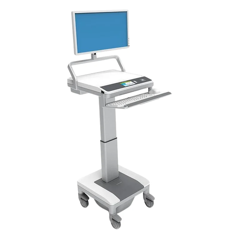 Capsa T7 powered mobile technology cart with a monitor and a keyboard tray