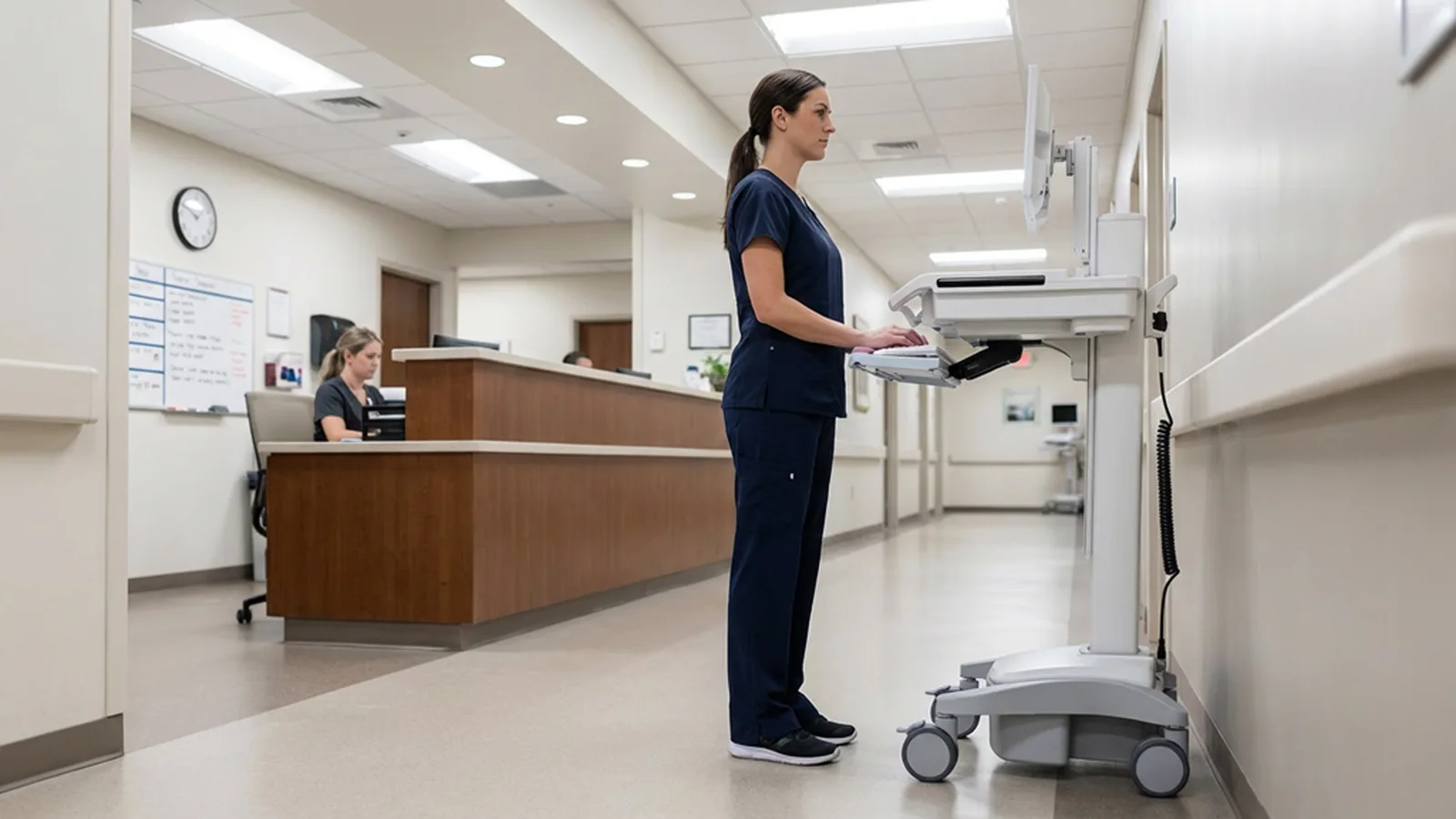 A nurse working standing at a Capsa Trio workstation in a hospital corridor