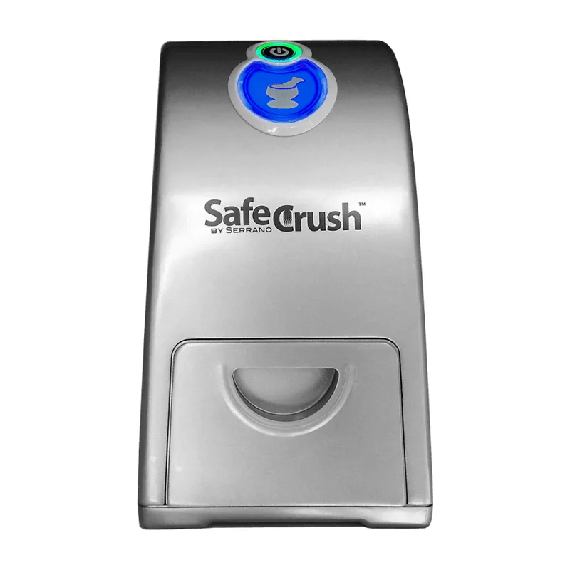 SafeCrush automatic pill crusher, front view with its button and drawer