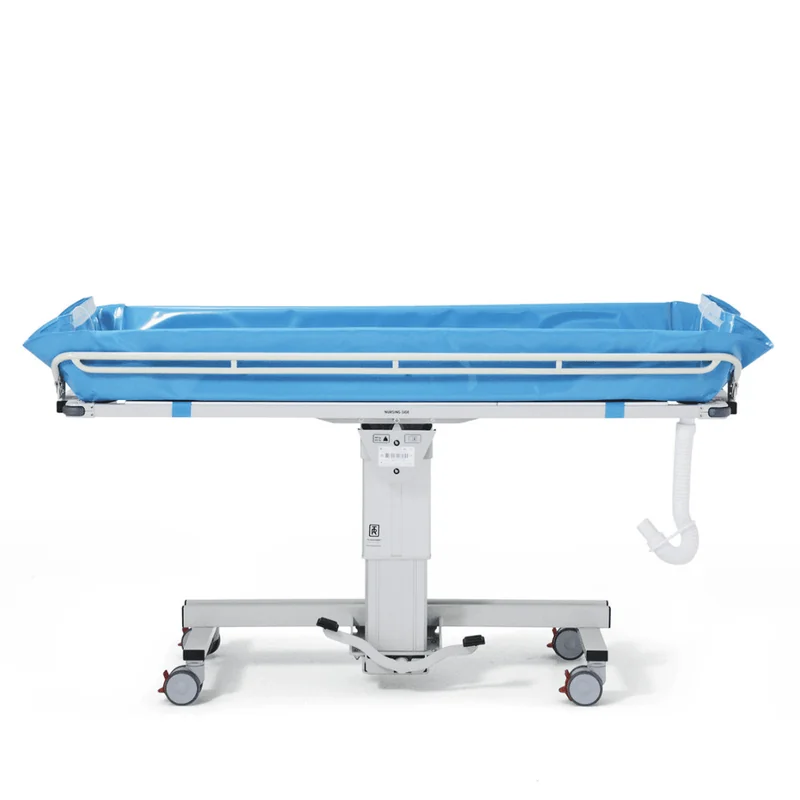 TR Equipment TR 2000 Mod 21 shower trolley with blue mattress, side rails and drain hose