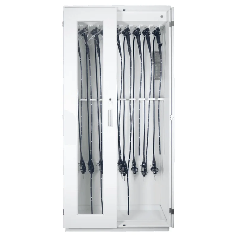 TruAir endoscope drying cabinet by Capsa Healthcare, half open, with flexible endoscopes