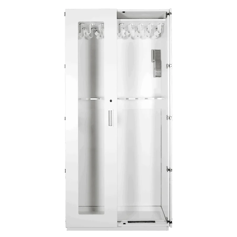 TruAir endoscope storage cabinet by Capsa Healthcare, door open on the rotating hooks