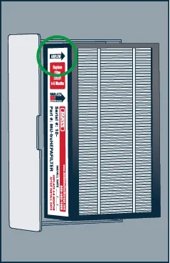 Illustration tirée des instructions de Capsa : nouveau filtre TruHEPA dans son support, flèche de débit d'air encerclée