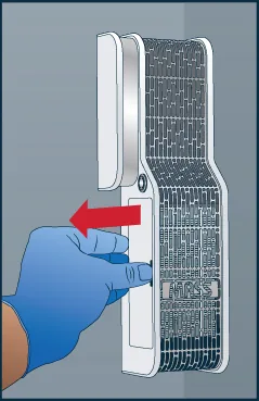 Illustration tirée des instructions de Capsa : sortir le support du filtre TruHEPA vers la gauche