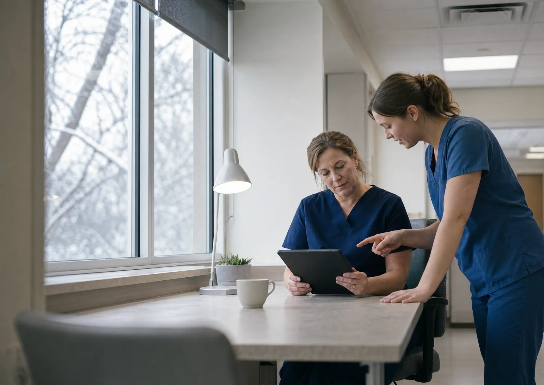 Two nurses in blue scrubs reading a guide on a tablet at a desk by a window