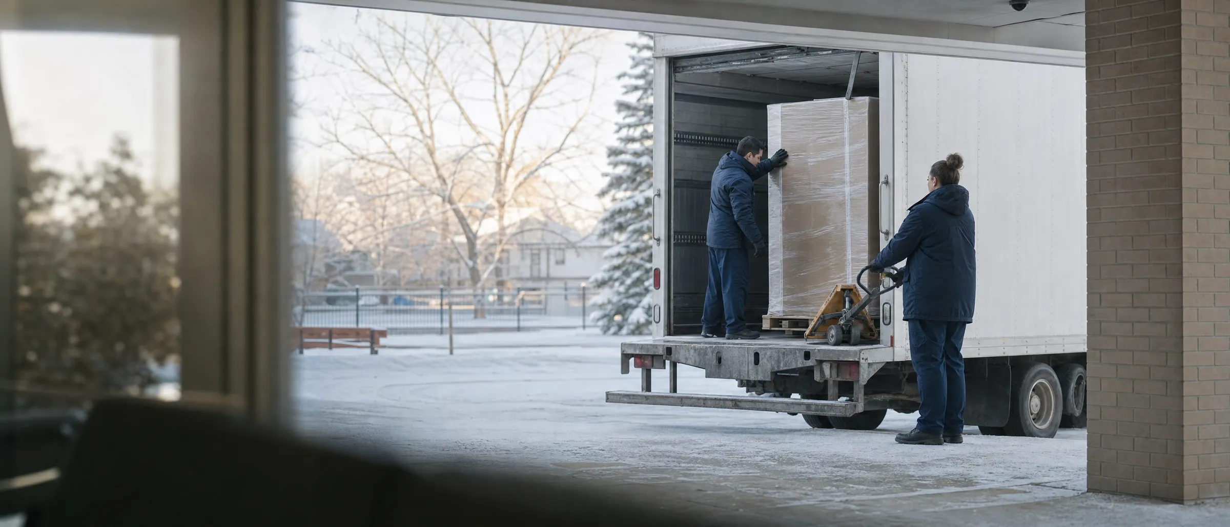 Two staff in winter jackets rolling a wrapped crate on a pallet jack from a delivery truck into a receiving dock
