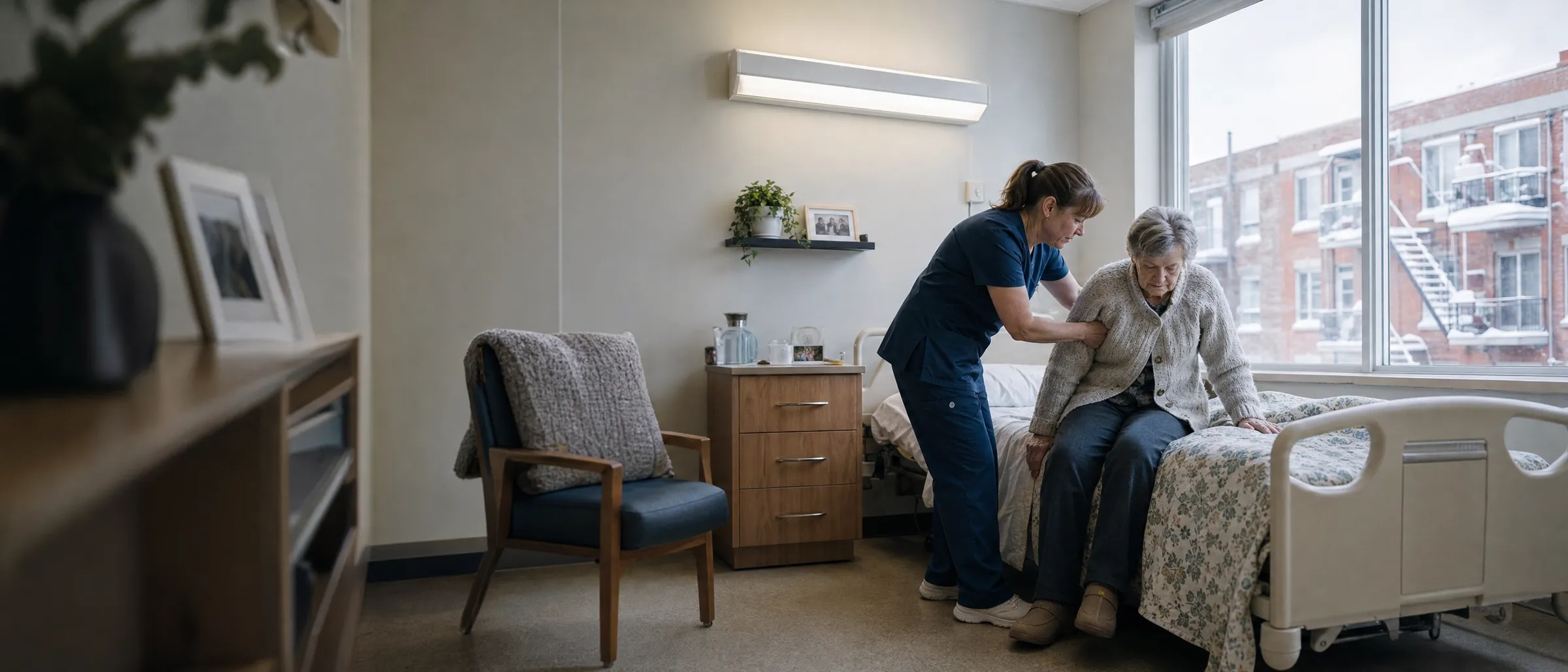 A care aide helping a resident sit up on her bed, with snowy Montréal plexes and outdoor staircases outside the window