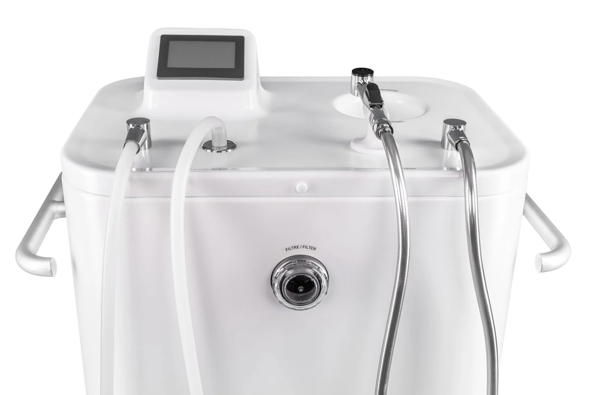 Le dessus du Wishower : écran tactile, pomme de douche, tuyau d'aspiration et ouverture du réservoir d'eau propre