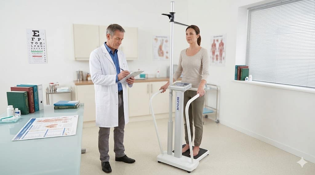 A patient being weighed on a professional medical scale with an integrated stadiometer for simultaneous height and weight capture.