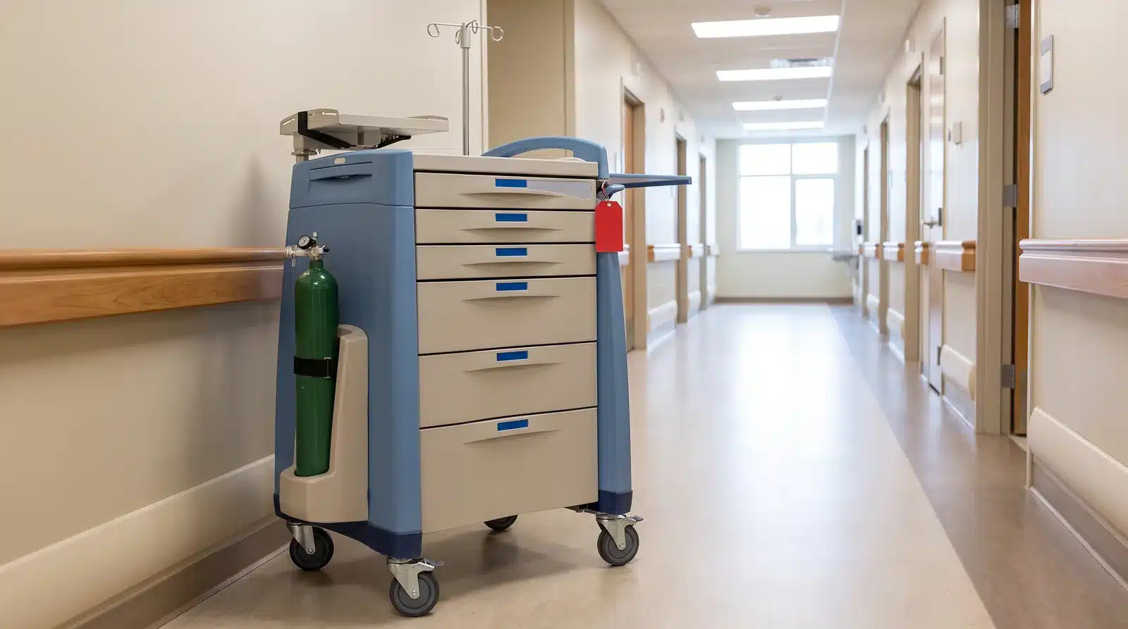 An emergency crash cart parked against the wall of a hospital inpatient corridor, with an oxygen cylinder in its side holder, an IV pole and a red breakaway seal tag on the top drawer.