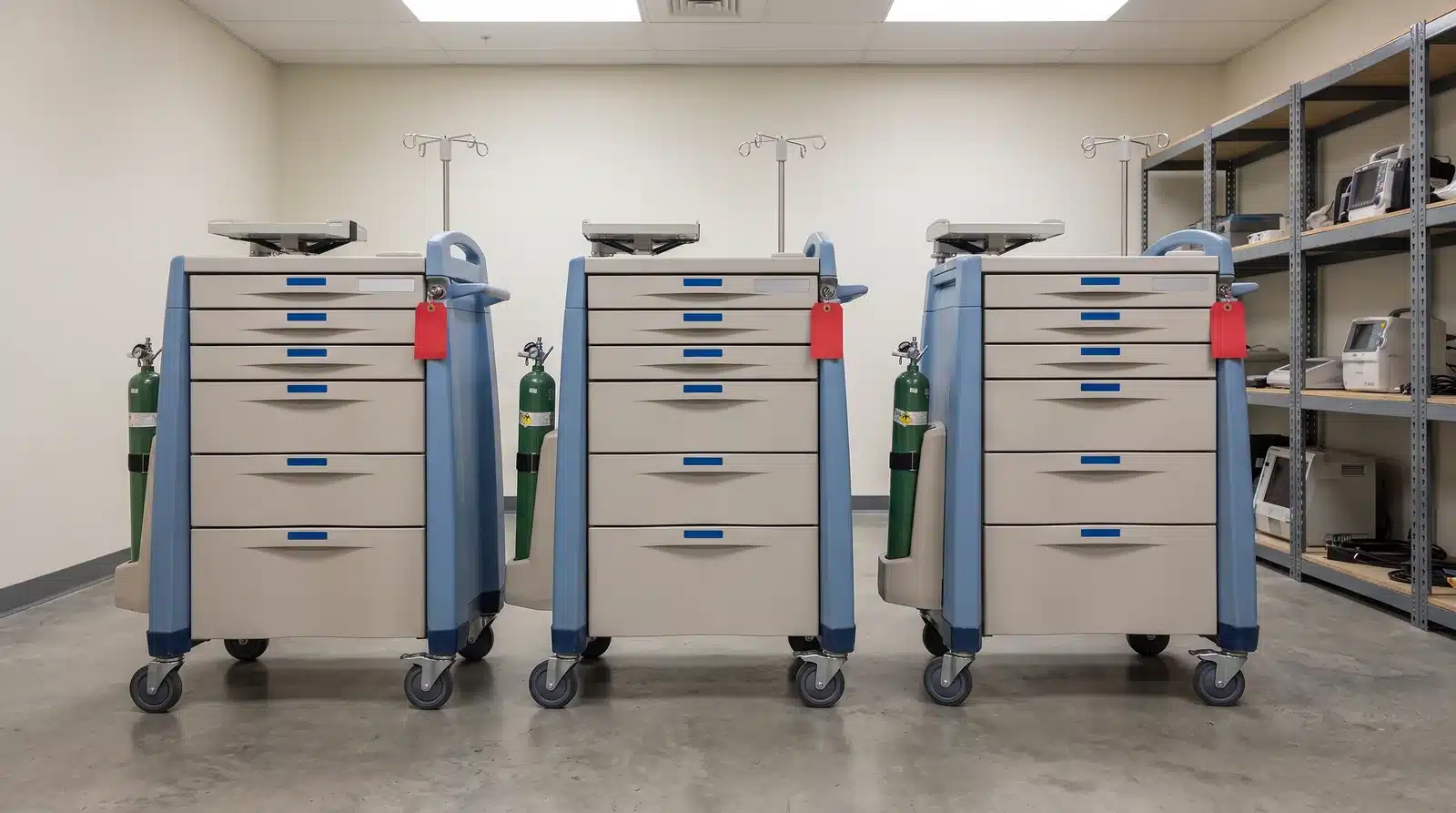Three identical emergency crash carts lined up in a hospital equipment staging room, awaiting commissioning.