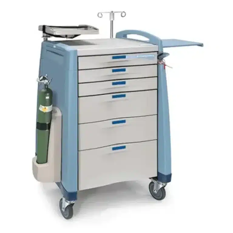 A six-drawer Avalo crash cart with oxygen cylinder holder, IV pole and breakaway lock tag, configured for in-hospital emergency response.