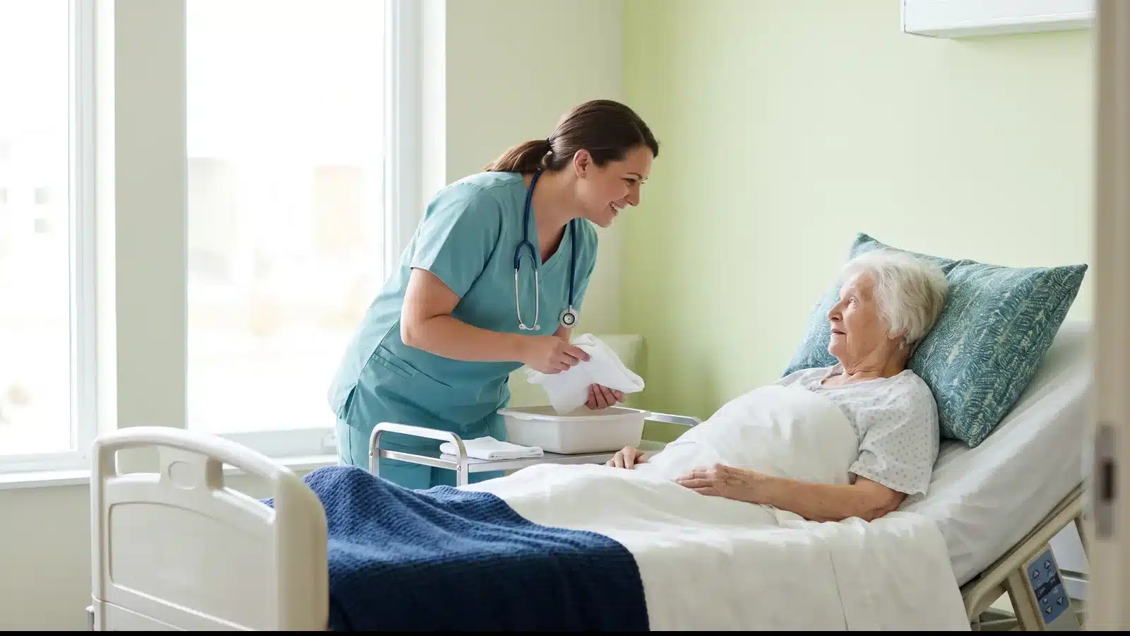 A nurse leaning over a bedridden older resident during personal care in a bright long-term care room.