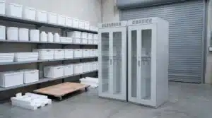 Two endoscope storage cabinets newly delivered and standing side by side in a hospital receiving area.