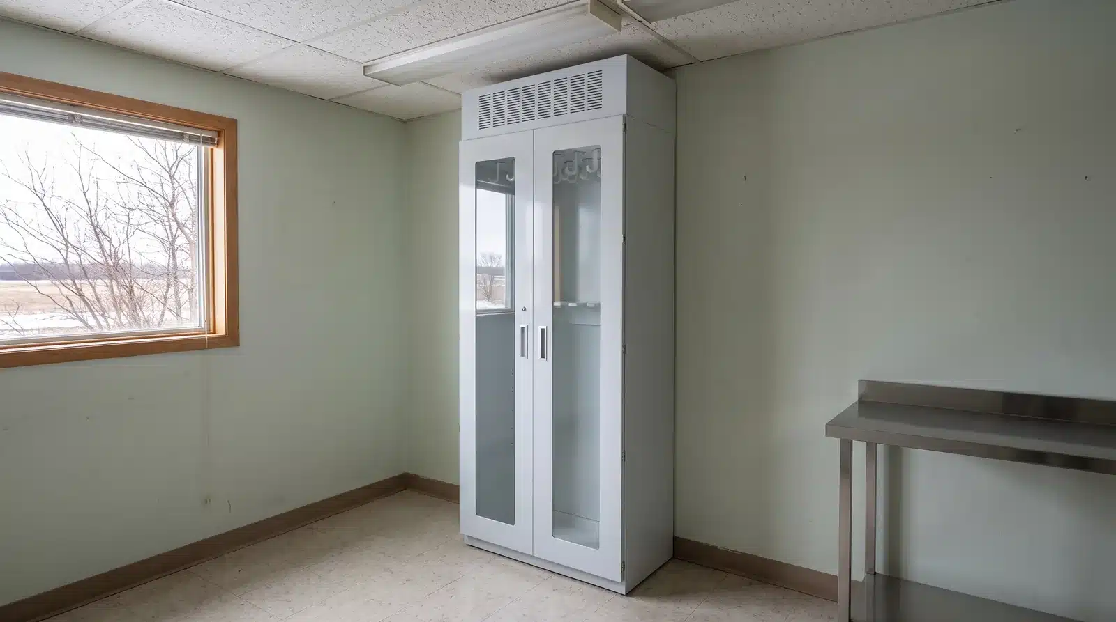 An endoscope storage cabinet standing in the procedure room of a small rural community hospital, visibly newer than the room around it.